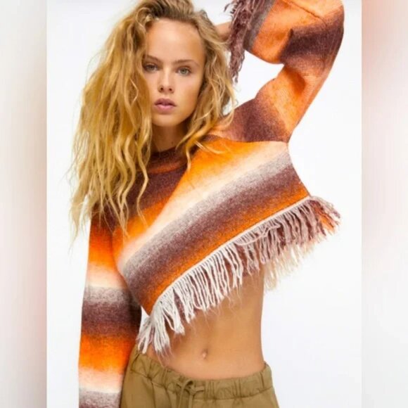 Zara Sweaters - Zara Orange Brown Boho Fall Crop Fringe Sweater Blogger Fave 70s Ombré Spacedye
